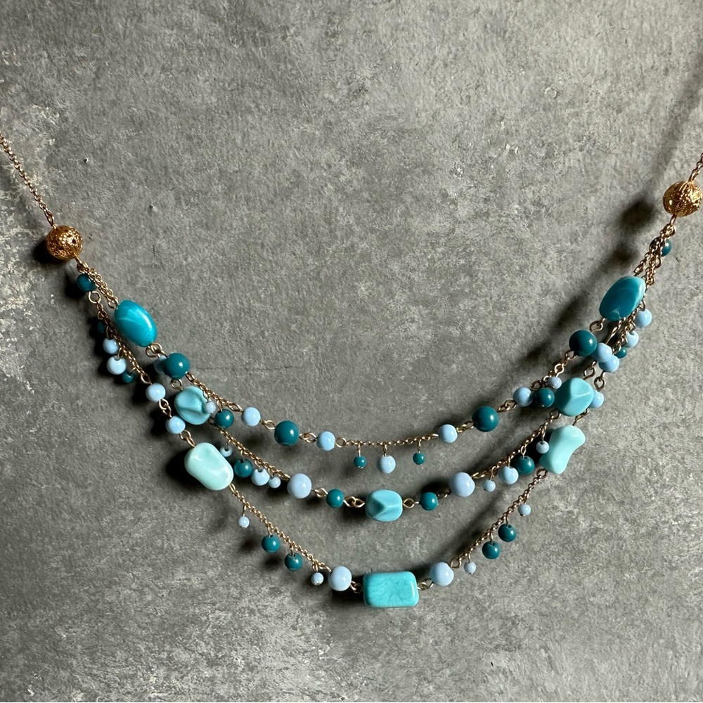 Turquoise, blue, gold Tone three layered Necklace